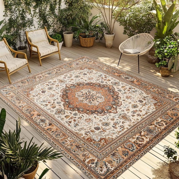 Burnt Orange Boho Outdoor Rug 3x5 Ft - Reversible Patio Rug Outdoor Camping Rugs, Vintage Ethnic Geometric Southwestern Indoor Outdoor Area Rugs, Non-Slip Outdoor Carpet Runner for Deck/Porch