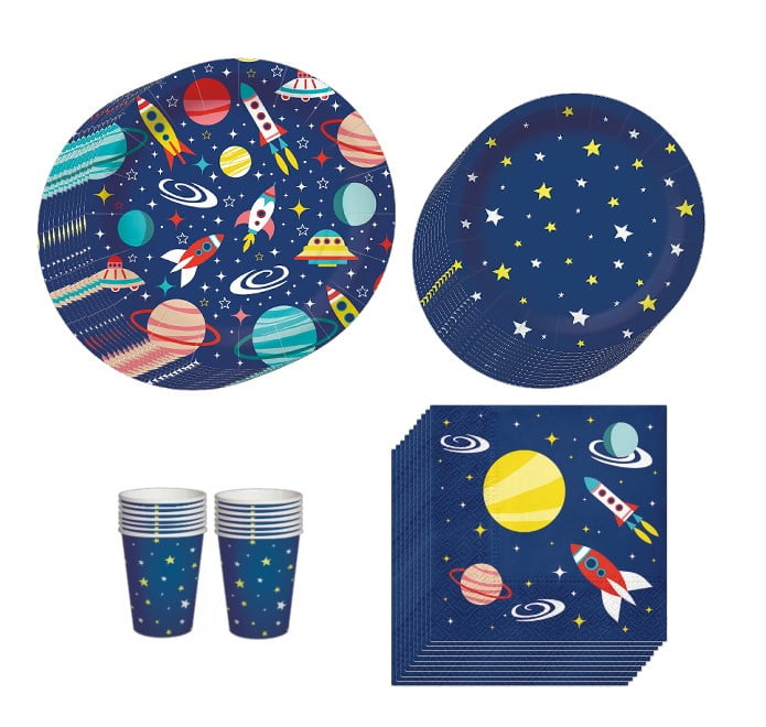 SPACE Birthday Party Supplies Serves 20, Paper Disposable Plates, Dinner Plates, Dessert Plates, Cups, Napkins, Solar System Birthday Decorations, Galaxy Party Set, Planets, Rockets, Stars
