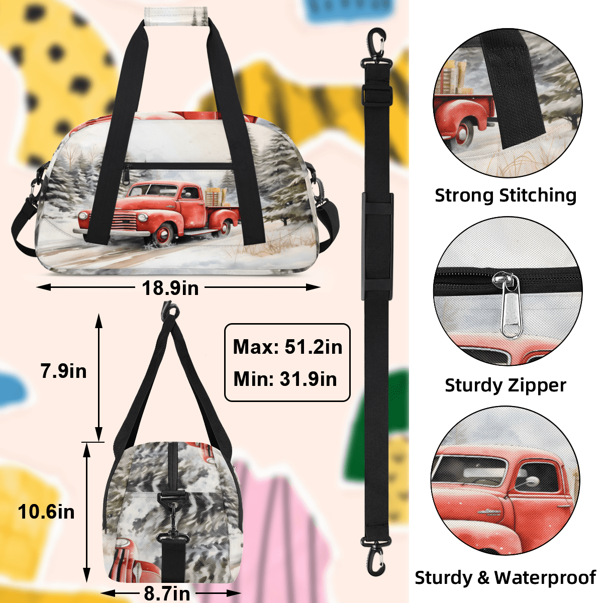 Herdesigns Sports Duffle Bags Travel Duffle Bag Gym Bag Red Truck Winter Forest Weekender Travel Bag Waterproof Overnight Bag Carry On Travel Tote Bag Dance Bags