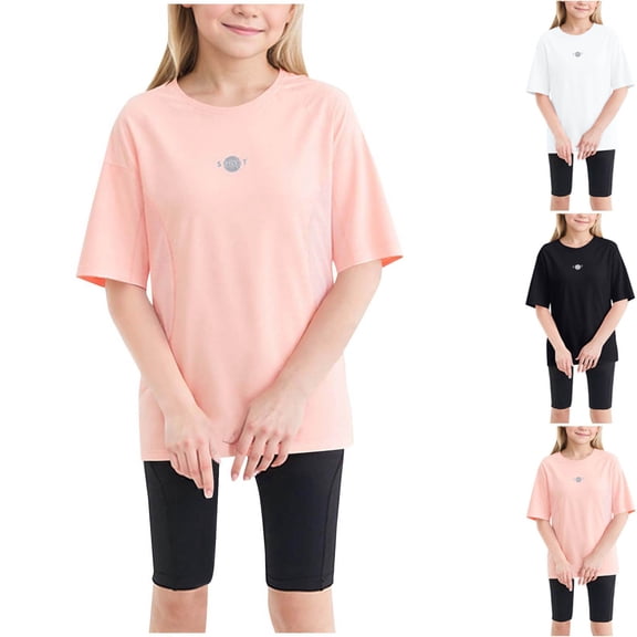 Agkizg Girl's Performance T-Shirt,Kids Athletic Shirts,Girls Quickly-Dry Sports Top Summer Ice Silk Wicking Short Sleeve Round Neck Tee Lightweight Athletic Shirt for 5-13 Years