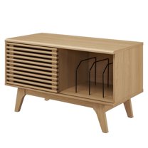 Vinyl Record Side Table Cabinet Stand, Brown Oak, Wood, Modern Contemporary, Mid Century Living Hotel Lounge Cafe Lobby