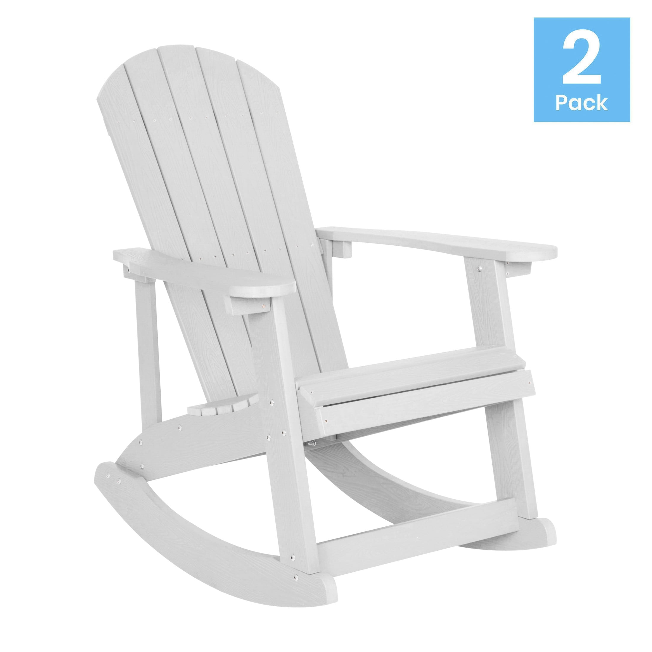 Emma + Oliver Set of 2 Classic All-Weather Poly Resin Rocking Adirondack Chairs in White with Stainless Steel Hardware for Year Round Use