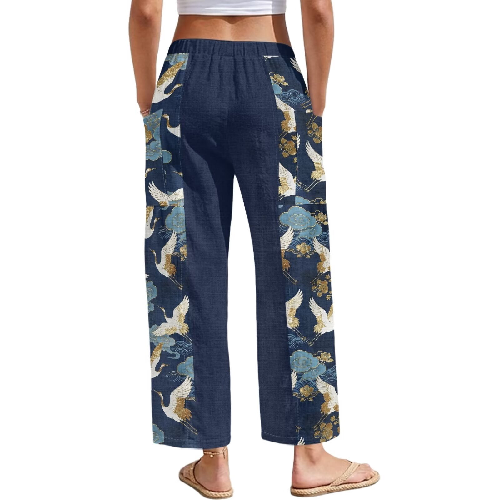 Yuyamidu Womens Linen Pants Beach Size 2XL Flowy Petite Palazzo Pants Wide Leg Lightweight Vacation Trousers Chinese Print Outfits, Chinese Bird Crane