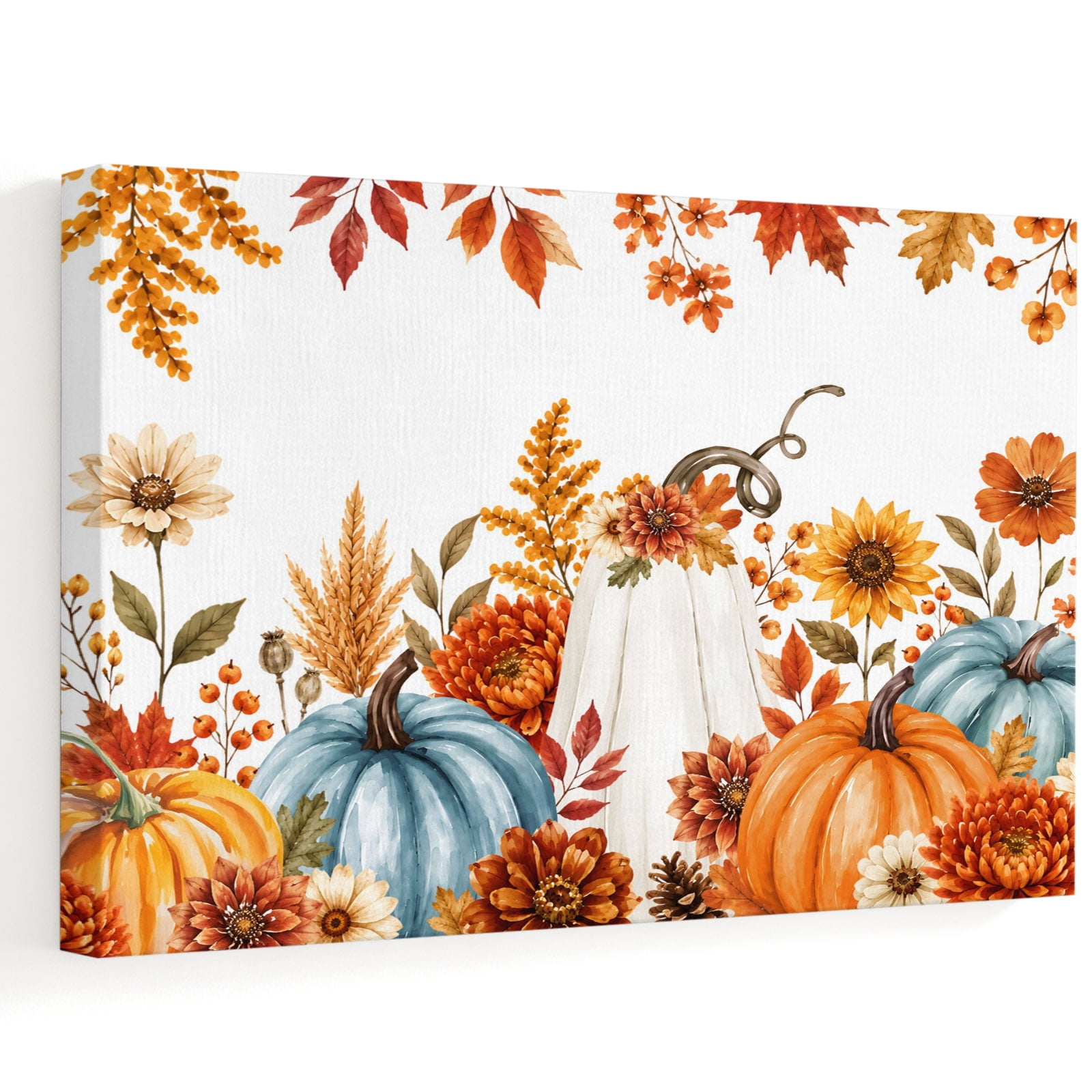 Thanksgiving Canvas Wall Art Fall Blue White Pumpkins Orange Flower Rustic Farmhouse Wall Art Prints Artwork Framed Canvas Ready to Hang Art Pictures for Living Dining Room Bedroom Hallway 32 x 24
