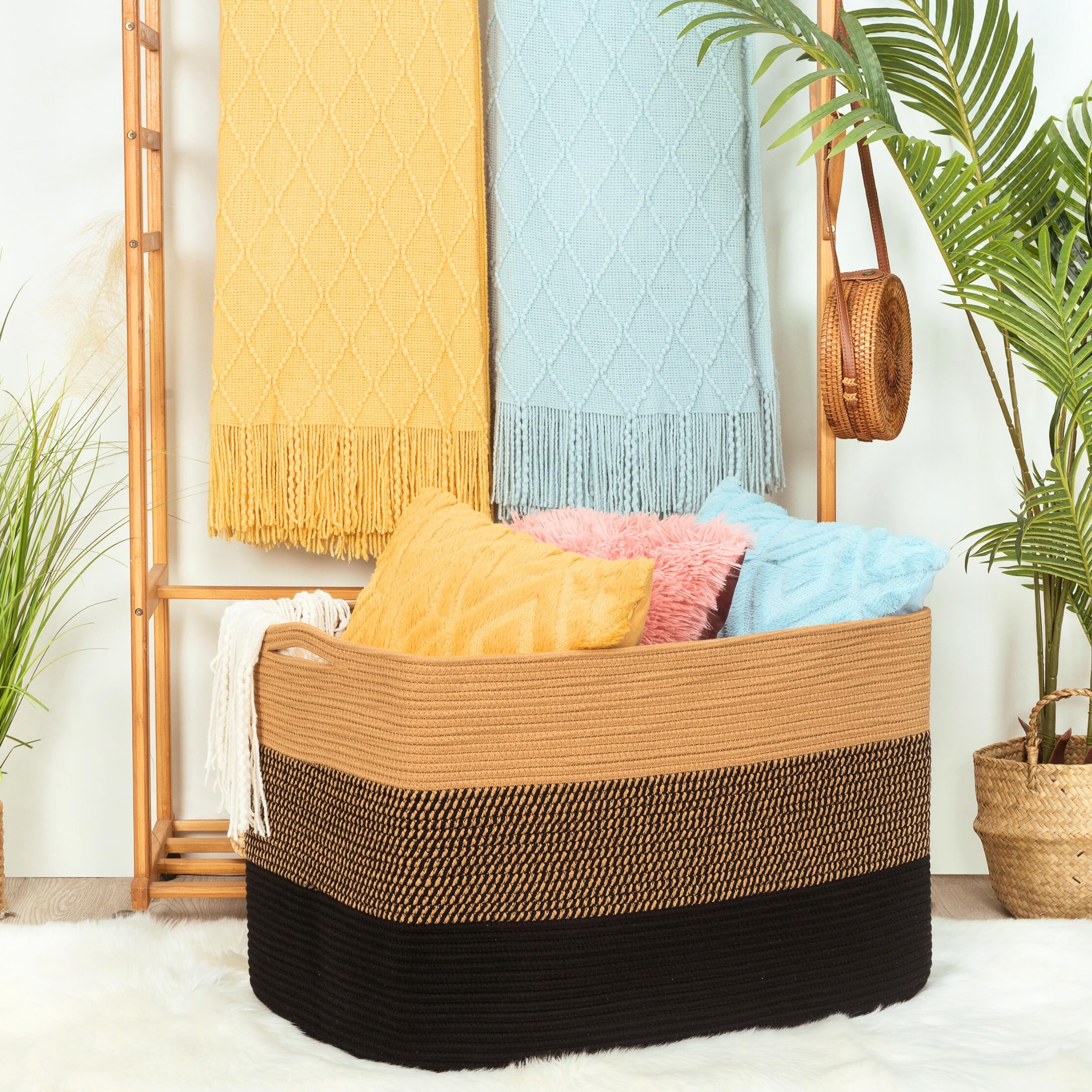 Rectangle Woven Storage Basket Black Jute 112L For Laundry, Towels, Blankets And Pet Toys