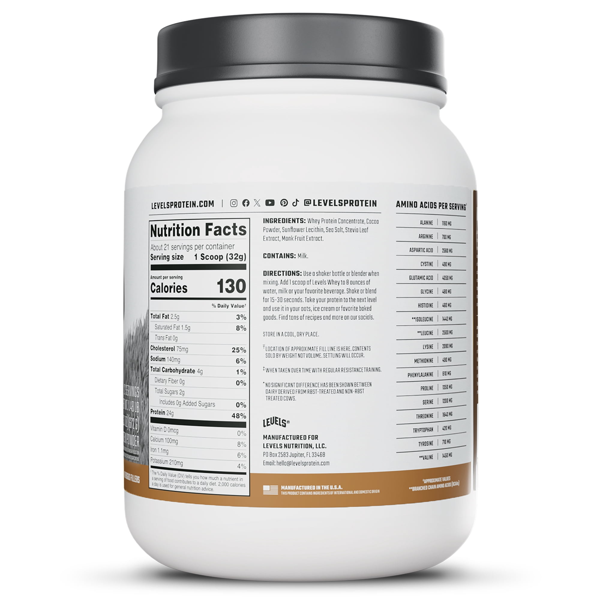 Levels Grass Fed Whey Protein Powder, No Artificials, 24G of Protein, Double Chocolate, 1.48LB