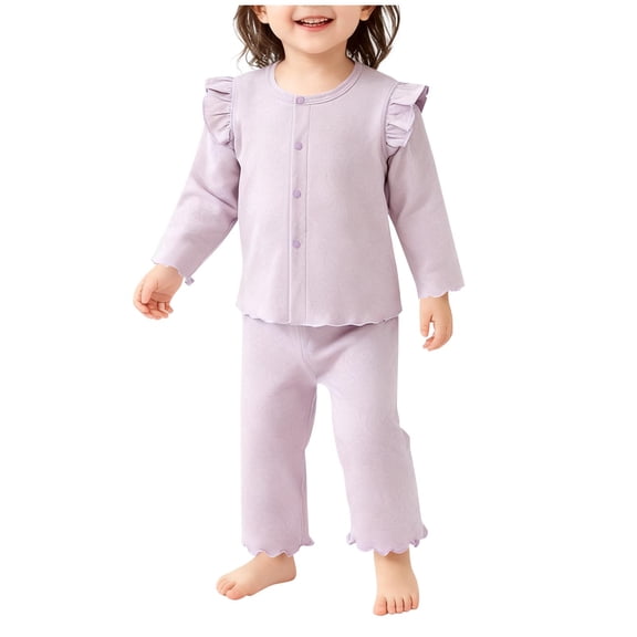 BLVB Toddler Baby Girl Two Piece Outfits Long Sleeve Ruffle Button down Top Pants 2PCS Pjs Set Sleepwear Clothes