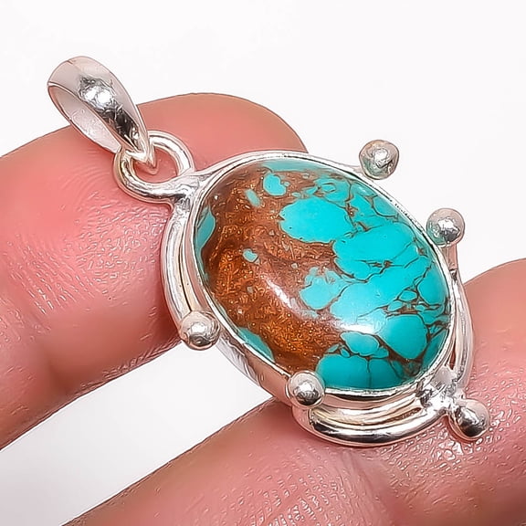 Copper Blue Turquoise 925 Sterling Silver Pendant 1.37" P7354-4, Christmas Gift, Gemstone Silver Jewelry, Turquoise Pendant, New Year Sale