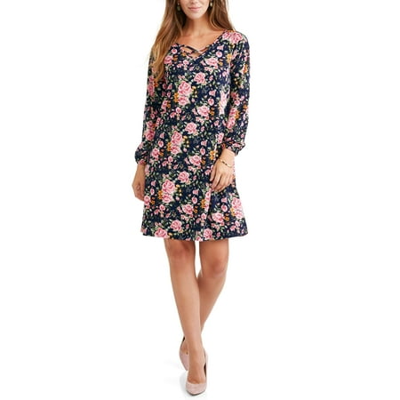 Chain Print Dress - Women's Lattice Front V-Neck A-Line Dress