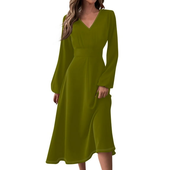 Women's Autumn Winter Casual V-Neck Long Sleeve Solid Color Long Dress, Army Green, Size L