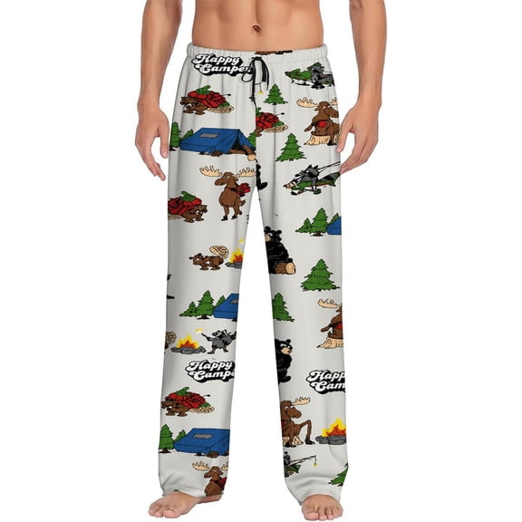 Men's pajama pants with cute camping bears and moose, soft home pajama pants, casual and comfortable loose fit pajama pants, elastic waistband, the ideal gift for birthdays and holidays.