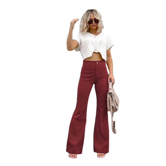 Women's Corduroy High Waisted Flare Pants Bell Bottom Trousers Solid Color Casual Bootcut Pants Lounge Trousers