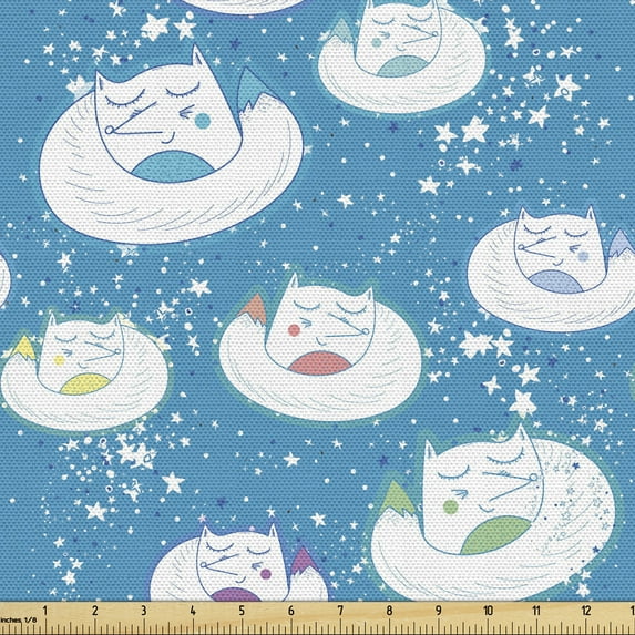 Fox Fabric by the Yard, Sleeping Animals Woodland Creatures on Stars Patterned Night Background Hand Drawn, Decorative Upholstery Fabric for Sofas and Home Accents, Multicolor by Ambesonne