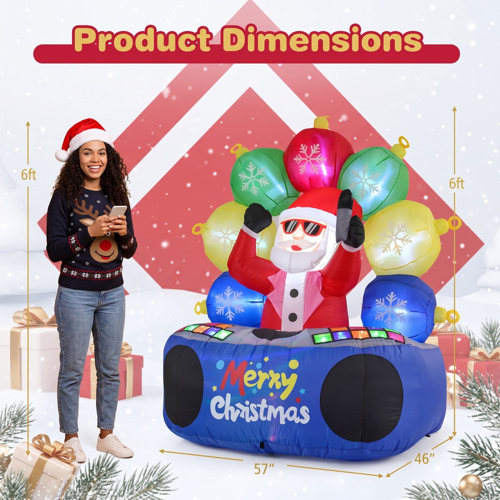 RUIE 6 FT Inflatable DJ Santa Claus with Rotating Music Light and Flashing RGB LEDs, Blow Up Christmas Yard Decoration for Outdoor Lawn Garden Holiday, Multi-Color