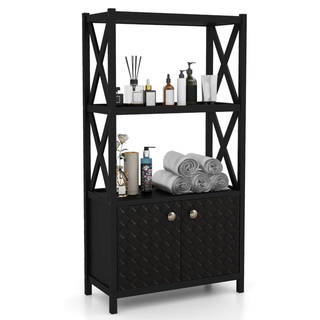 Costway Bathroom Storage Cabinet with Open Shelves & Double Doors Modern Storage Organizer Black