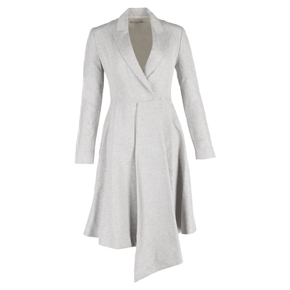 Pre-Owned Christian Dior Asymmetric Midi Dress Coat in Grey Wool