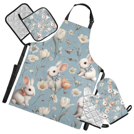 White Rabbits Flowers Butterflies Vintage Apron Set with Oven Mitts Pot Holders Set of 5 Kitchen Stuff Accessories