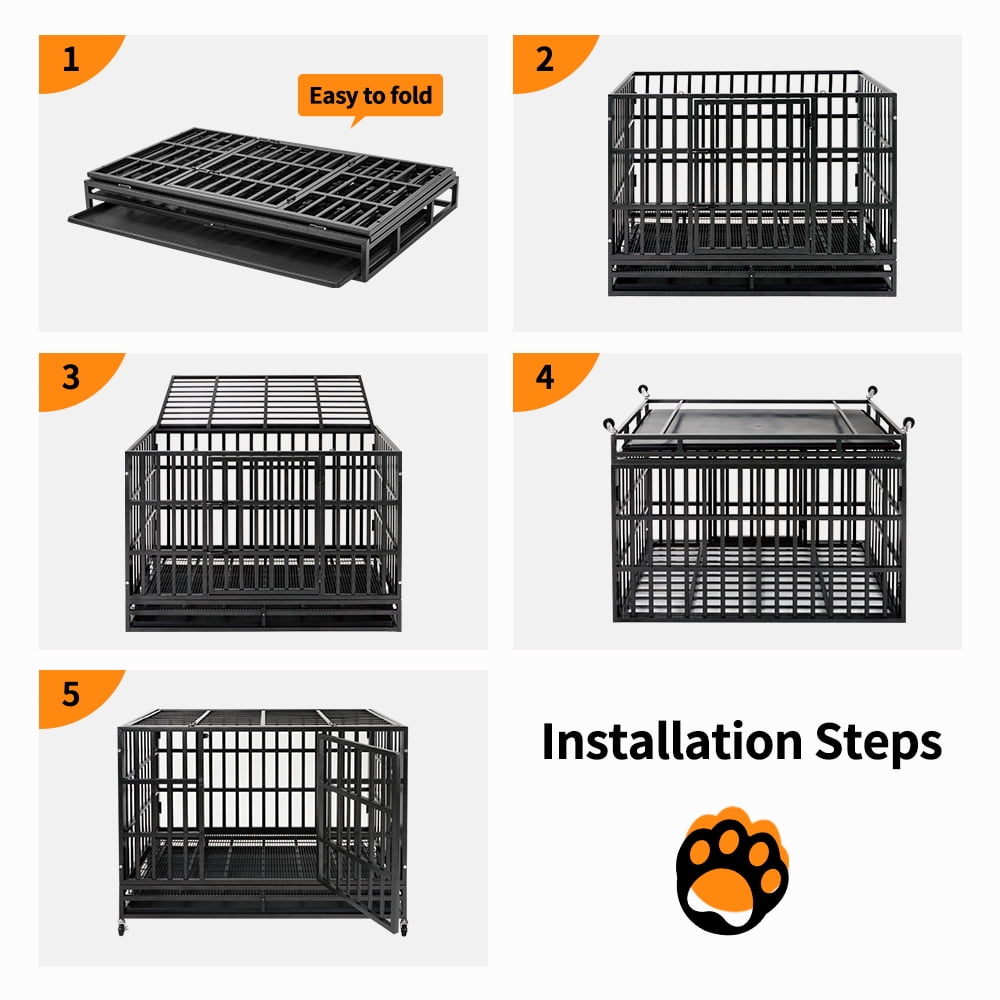 TIME RAY 38 in Heavy Duty Indestructible Dog Crate Steel Escape Proof Dog Cage Kennel for Medium Large Dogs Indoor Double Door High Anxiety Dog Crate with Wheels, Lock& Removable Tray, Black