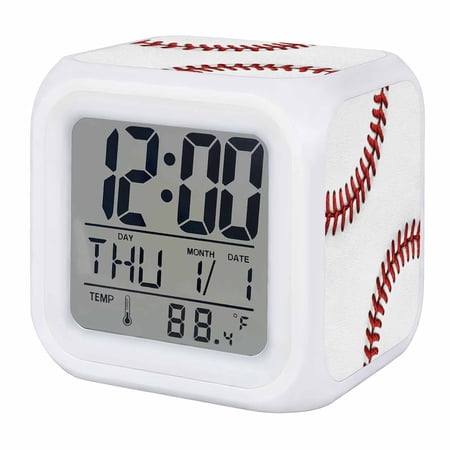 Alarm Clocks American Baseball Digital Clock 7 Color LED Night Light Silent Non-Ticking Battery Operated Sports Red White Stitches Cube Clocks for Bedroom Bedside Living Room Office School