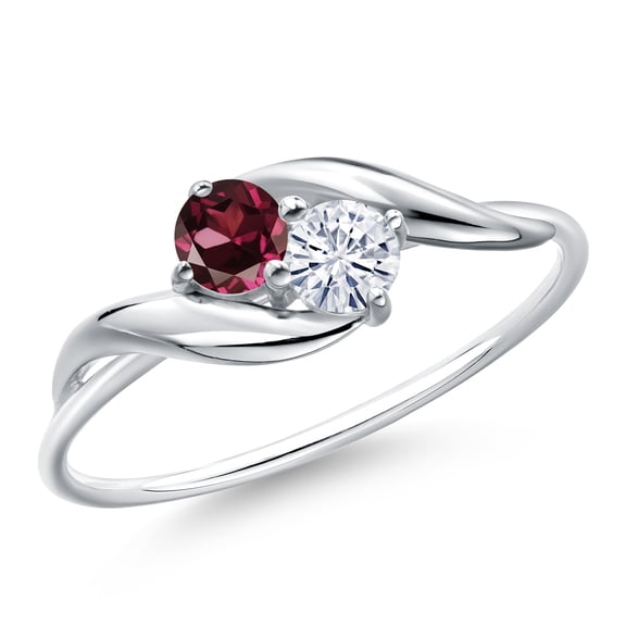 Gem Stone King 10K White Gold Round Red Rhodolite Garnet and White Moissanite Ring for Women (0.38 Cttw, Round 3.5MM, Gemstone January Birthstone, Size 6)