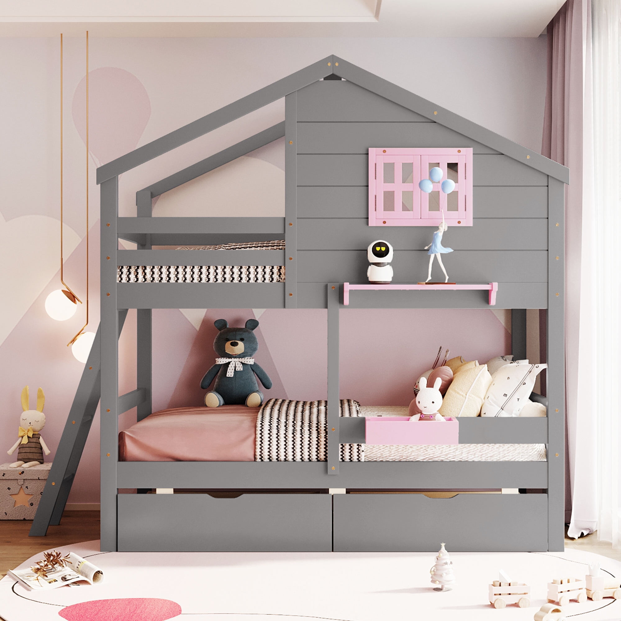 Euroco Wood Twin over Twin Bunk Bed, House Bed with Roof and Window, 2 Drawers and Cabinets for Kids Teens Bedroom, Gray
