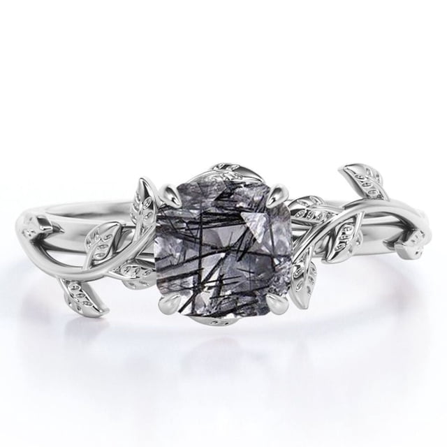 JeenMata Anillo de Compromiso de Inspiración Natural con Solitario de 4 Puntas de Cuarzo Rutilado Negro de Talla Cojín de 1 TCW en Baño de Oro Blanco de 18 K sobre Plata