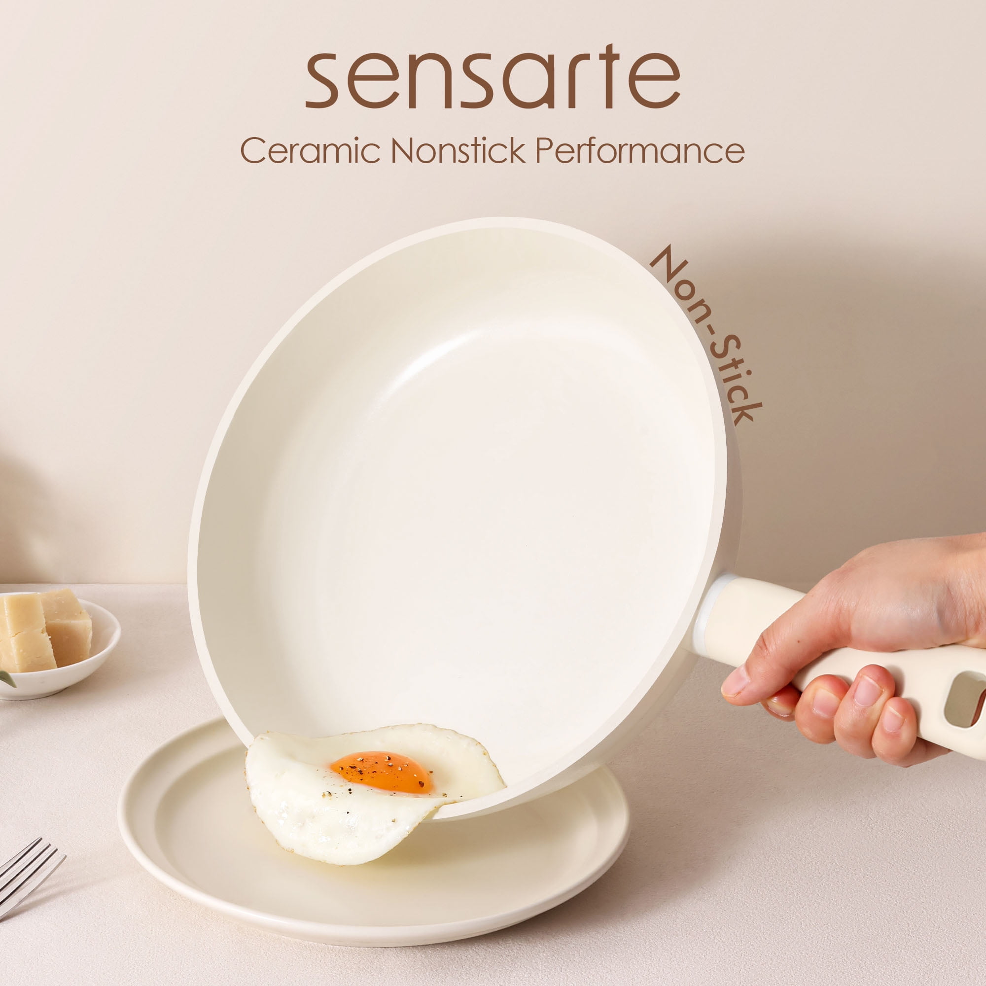 SENSARTE 24-Piece Ceramic Pots and Pans Set, Cream White Induction Nonstick Cookware Set, Healthy Kitchen Cooking Sets with Stay-Cool Handles, Dishwasher Safe, Stackable
