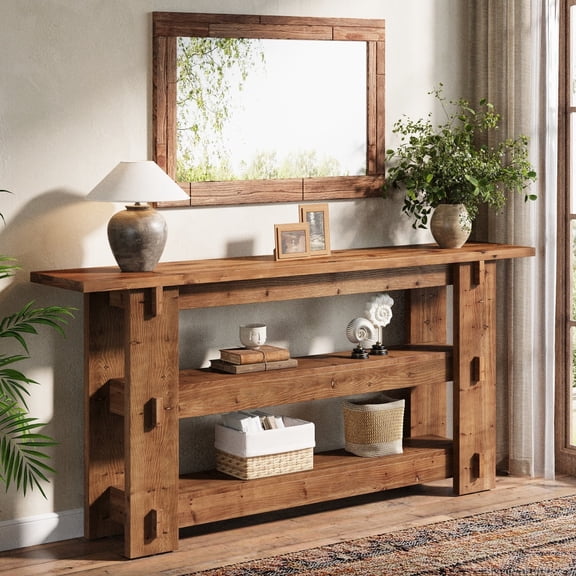 Finmind Solid Wood Console Table, 63-Inch Farmhouse Sofa Table Behind Couch with Storage Shelves, Entryway Furniture for Living Room, Hallway, Foyer
