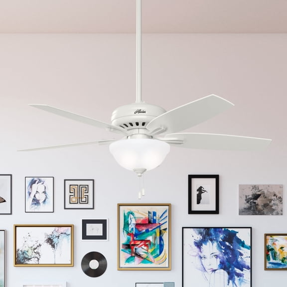 Hunter 52 inch Indoor Ceiling Fan with LED Light - White Ceiling Fan with Pull Chain, For Bedroom or Living Room, Standard Mount, No Remote, 5 Blades, Includes Bulbs - Newsome 53310, Fresh White