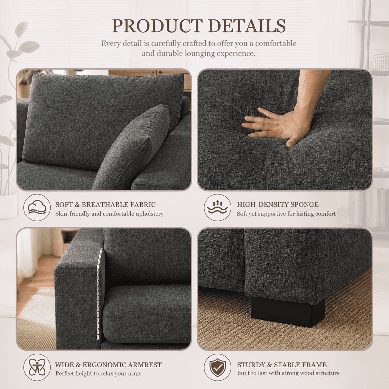 MOONMISS 79"Loveseat Couch ,3 Seater Sofa with Extra Deep Seats,Comfy Upholstered Couch for Living Room,2 Pillows,Gray
