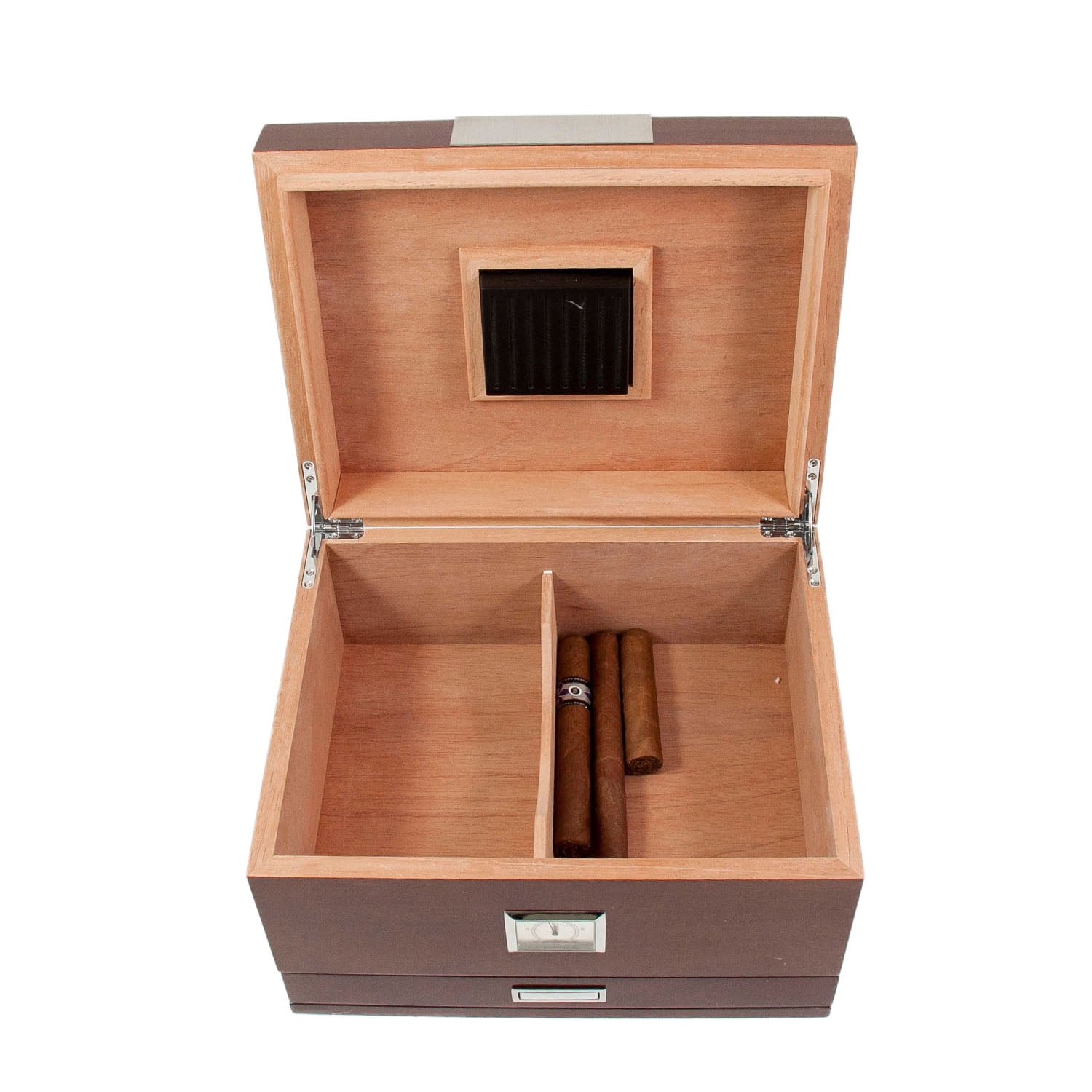 Lacquered "Walnut" Wood 60 Cigar Humidor with Spanish Cedar Lining and Accessory Drawer. Includes Humidistat and External Hygrometer.