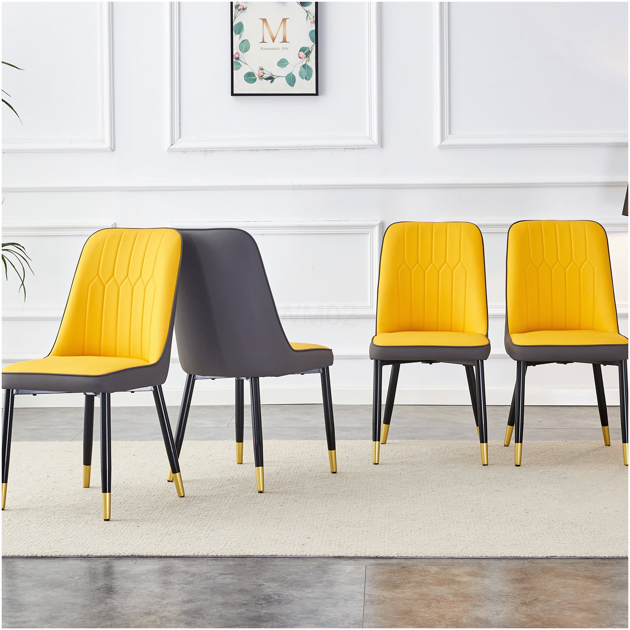 Modern Dining Chairs Set of 4, PU Leather Upholstered Side Chairs with Black Metal Legs for Kitchen Dining Room Office