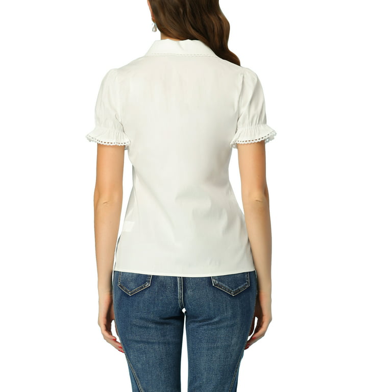 Unique Bargains Women's Doll Collar Solid Short Sleeve Shirt