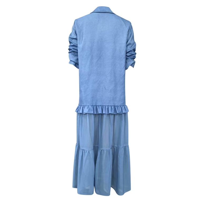 XIAOCHA Layered Chiffon Maxi Dress for Women Button Front Shirt Top Sheer Ruffled Hem Boho Style Dresses