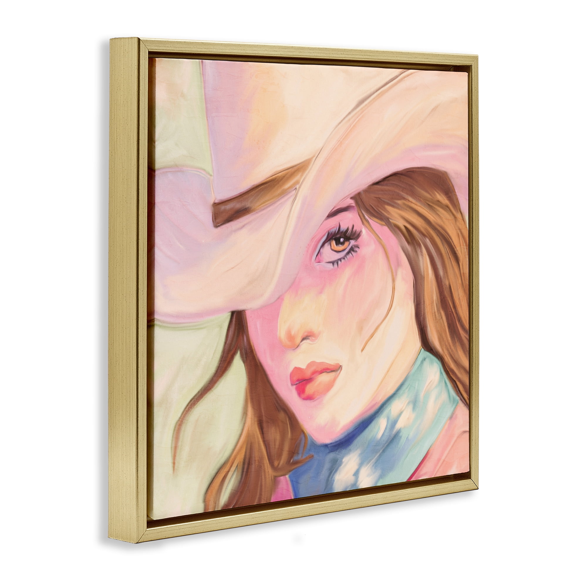 Pastel Cowgirl Brunette Gold Framed Floater Canvas Wall Art, design by Kim Allen