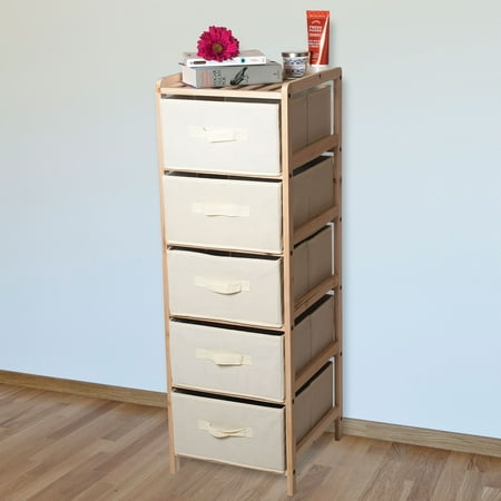 Wood Box Shelf Organization Drawers with Natural Wood Shelf and Five Fabric Storage Bins- Lightweight and Perfect for Dorms, Bathrooms or Bedrooms by Lavish Home ()