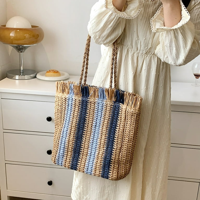 YFMHA Women Handbag Summer Hand Woven Stripe Vacation Tote