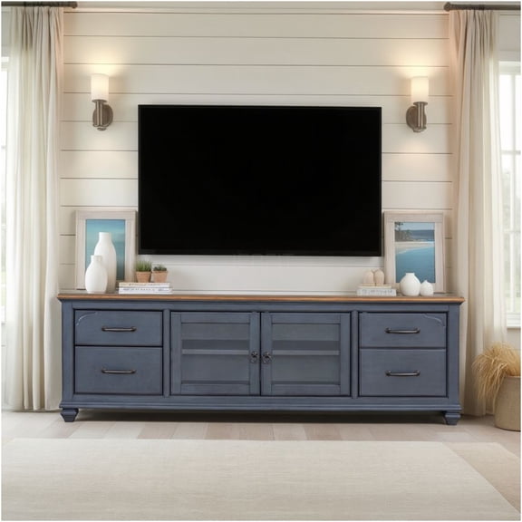 JERFIT 84 inch Fully Assembled TV Stand for TVs up to 90", Coastal Farmhouse Entertainment Center with Storage Drawers, Glass Doors & Cable Management in Blue