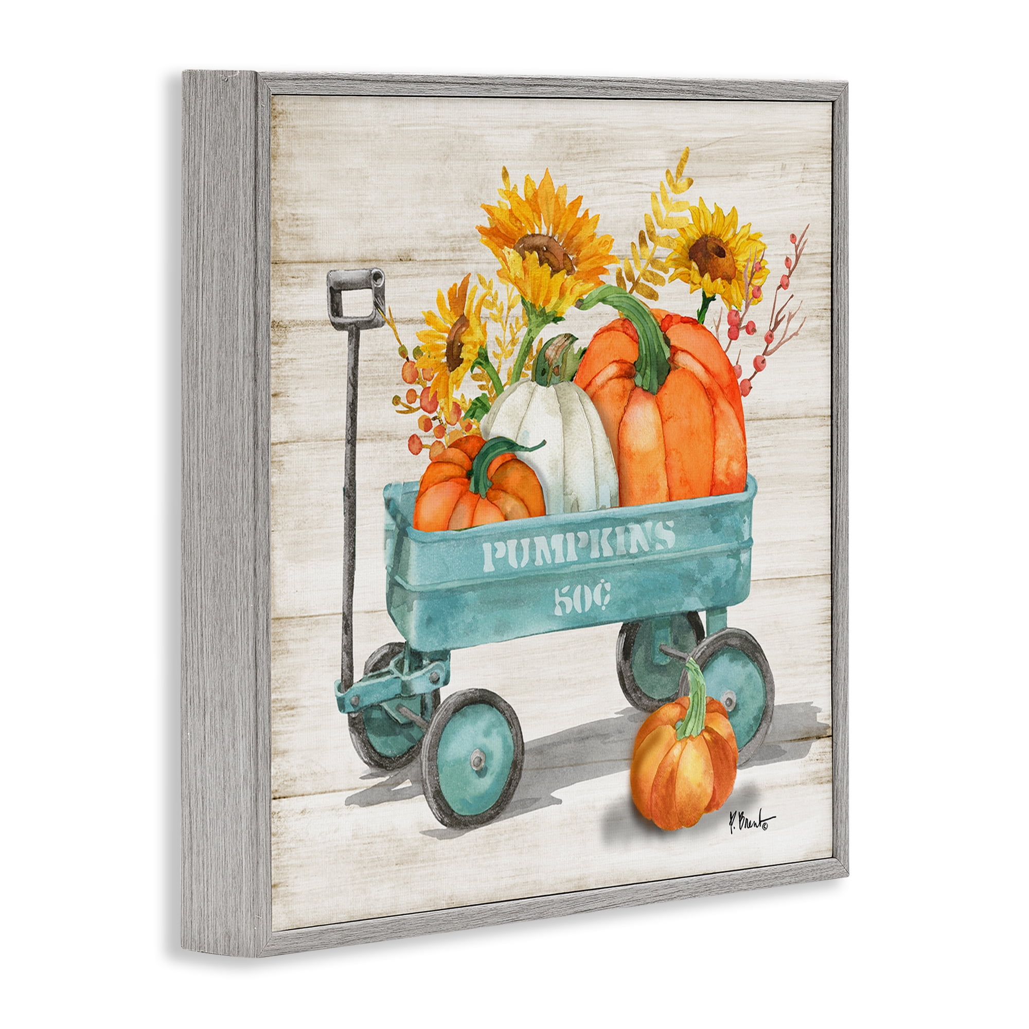 Stupell Industries Pumpkins Harvest Wagon Botanical & Floral Painting Gray Framed Art Prints Wall Art, 12 x 12