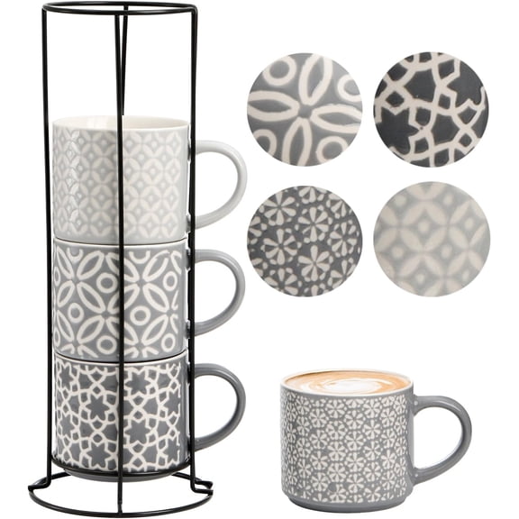 Set of 4 Coffee Mugs with Metal Stand, 15 oz Stackable Espresso Cups Ceramic Coffee Mugs for Cocoa, Latte, , Cappuccinos or Beverages