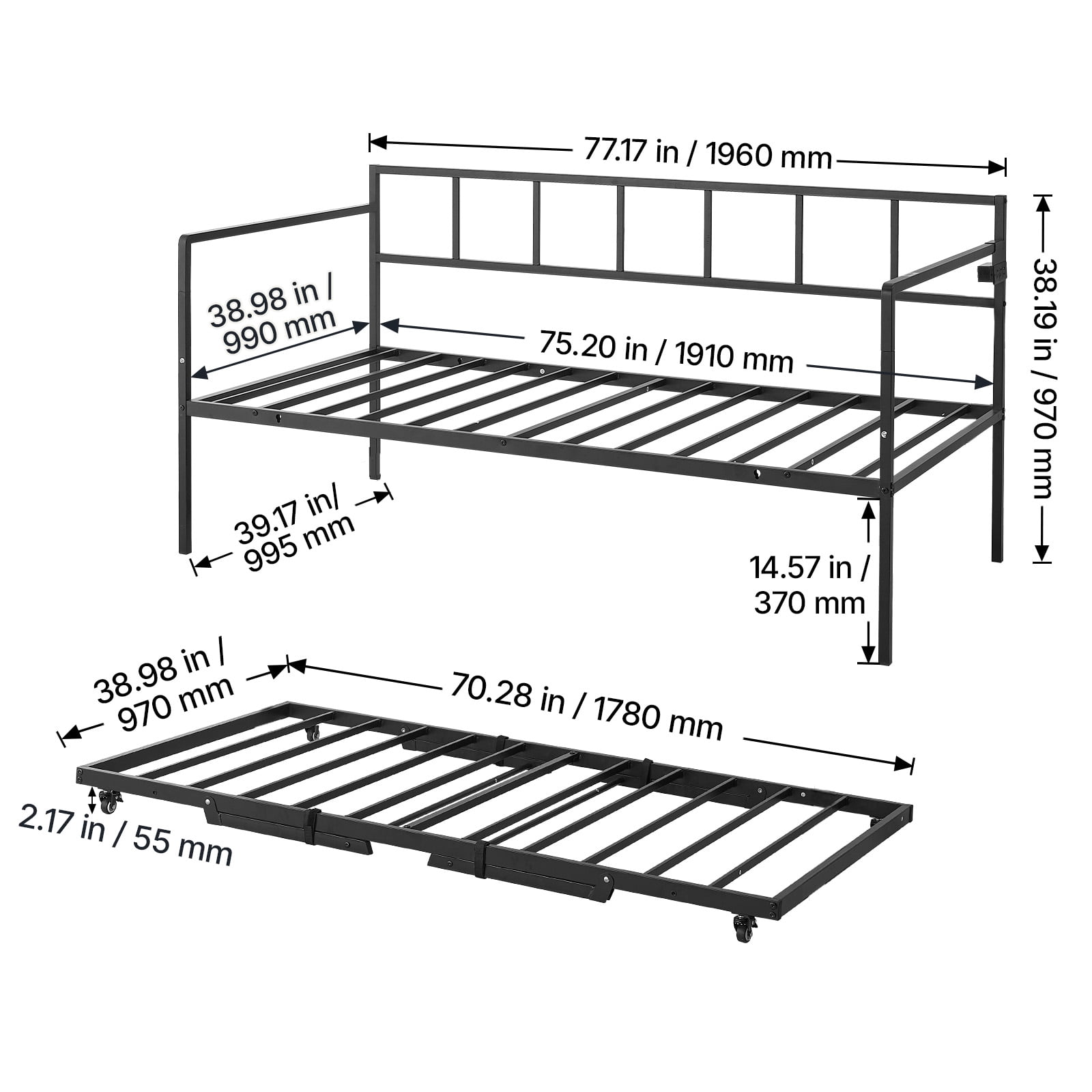 KFFKFF Twin Daybed with Pop-Up Trundle, Metal Frame with Charging Station and LED Light, Ideal for Living Room, Bedroom, Durable Twin Size Sofa Bed Frame, Adjustable Height, Lockable Casters, Black