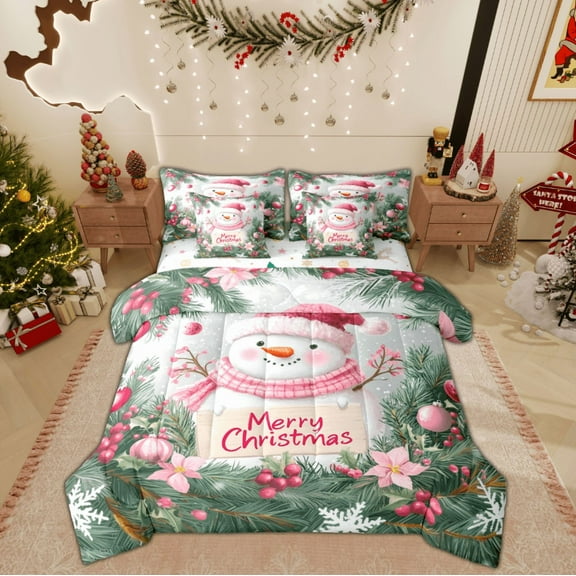 Feelyou Winter Cartoon Snowman Twin Bedding Sets 7-Piece, Merry Christmas Bedding Comforter Set, Western Festival Holiday Reversible Sheet Sets, Luxury Bedroom Decor