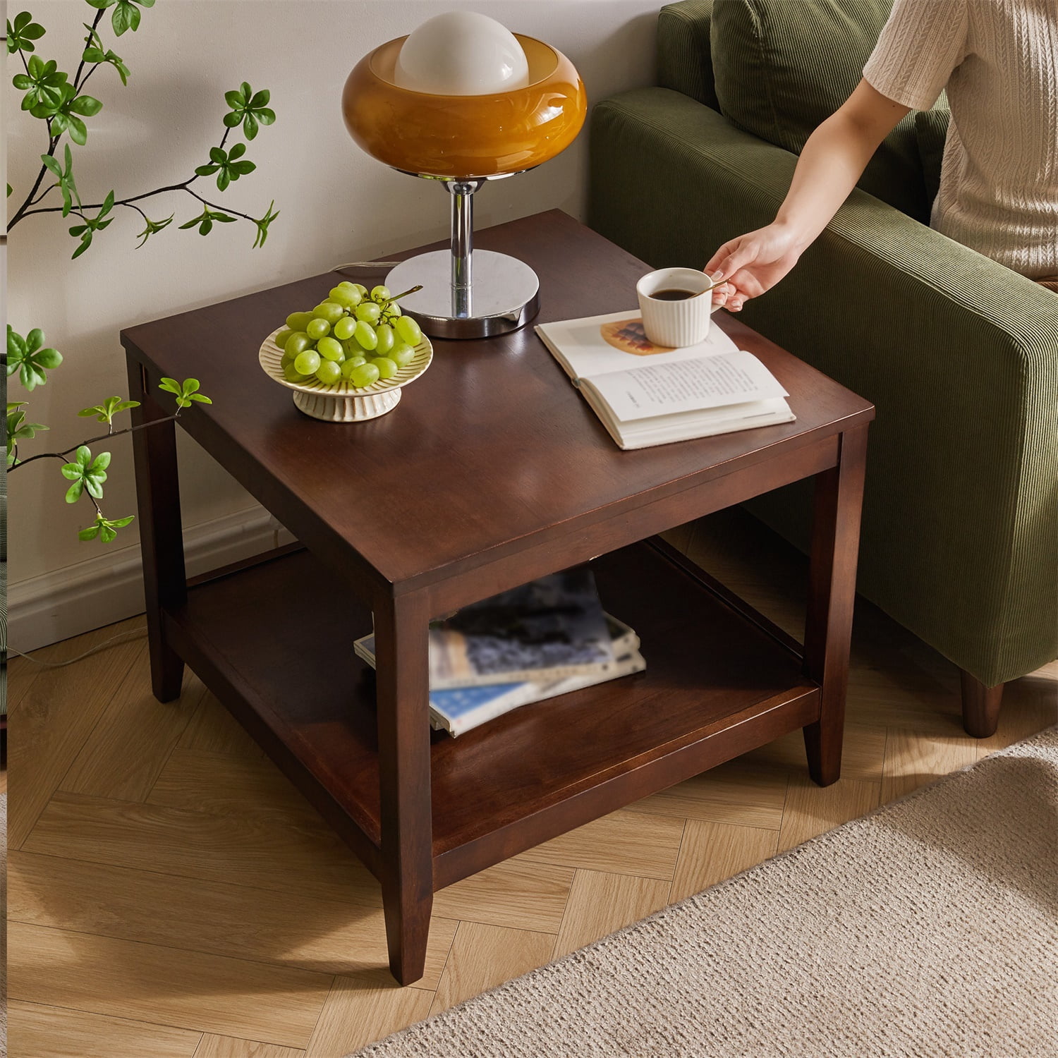 Hommoo Solid Rubberwood End Table, 2-Tier Square Side Table with Open Shelf Storage, Nightstand for Living Room, Bedroom & Small Spaces, Walnut