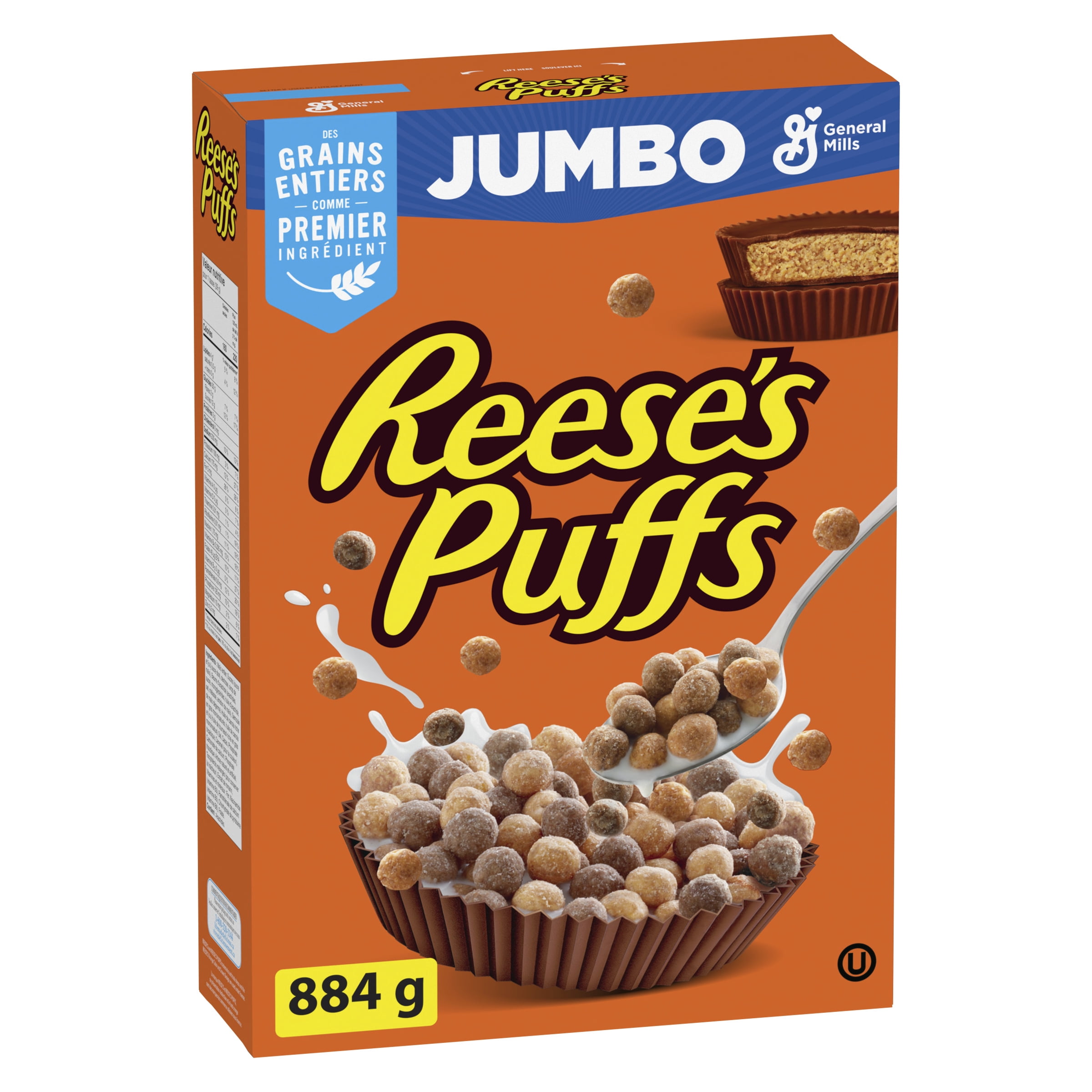 Reese's Puffs, Céréales Pour le Petit-Déjeuner Saveur Beurre d'Arachide et Chocolat, Grains Entiers, Format Géant, 884 g 884g