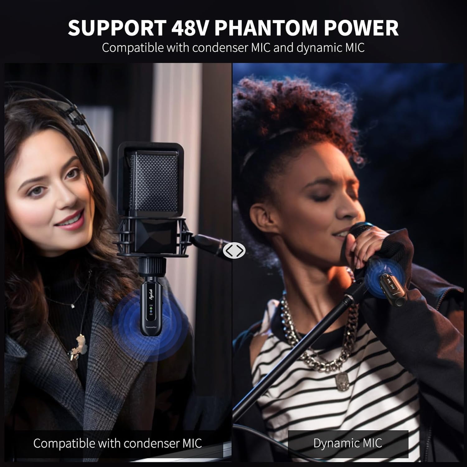 POGOLAB Wireless Microphone Transmitter Receiver 2.4Ghz XLR Microphone Wireless System Rechargeable Wireless Mic Adapter for Audio Mixer Dynamic Mic 48V Phantom Power for Condenser Mic
