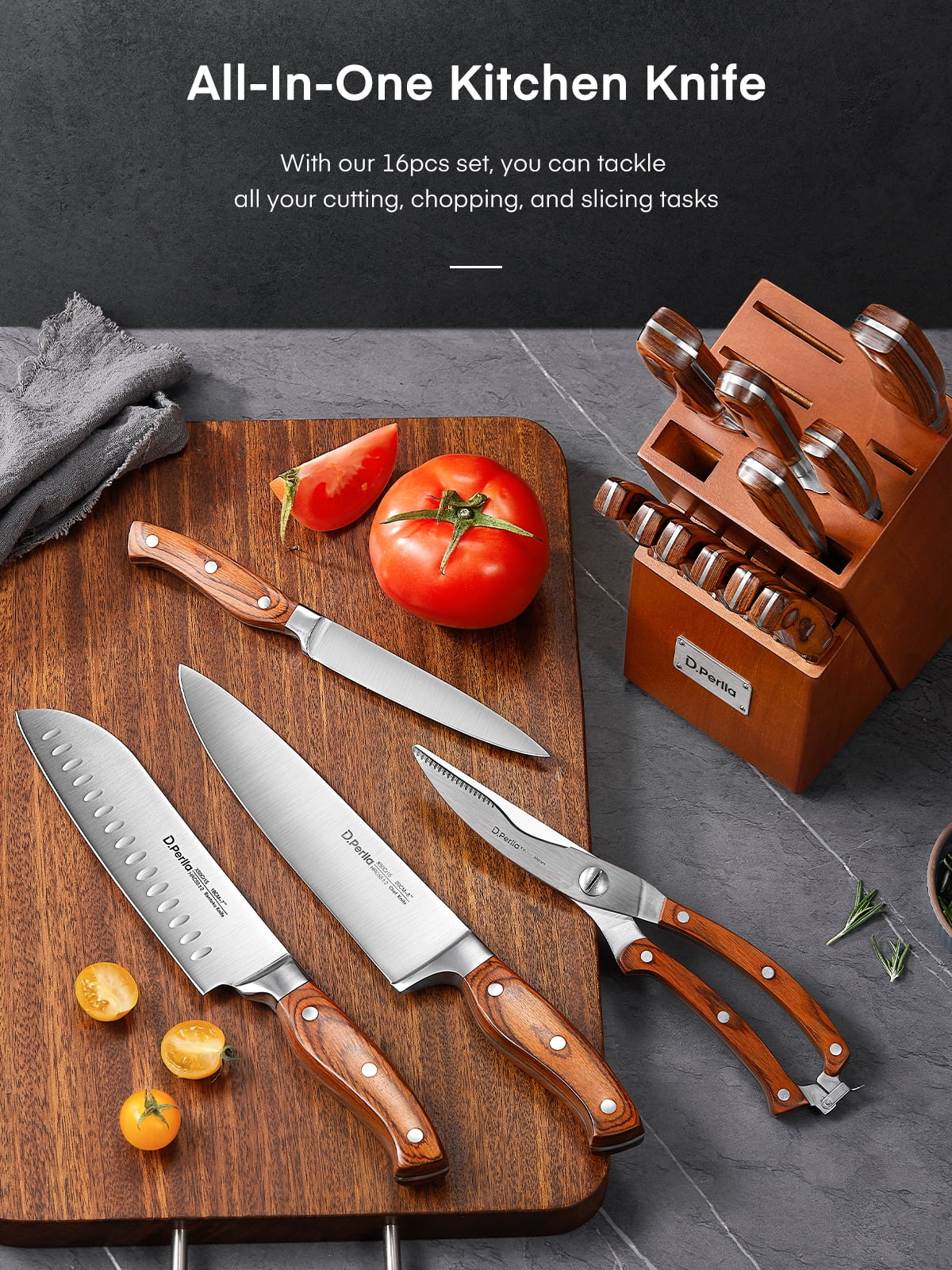 DEIK 15 Pcs Kitchen Knife Set Upgraded Stainless Steel Anti-Rusting  Hardwood Block