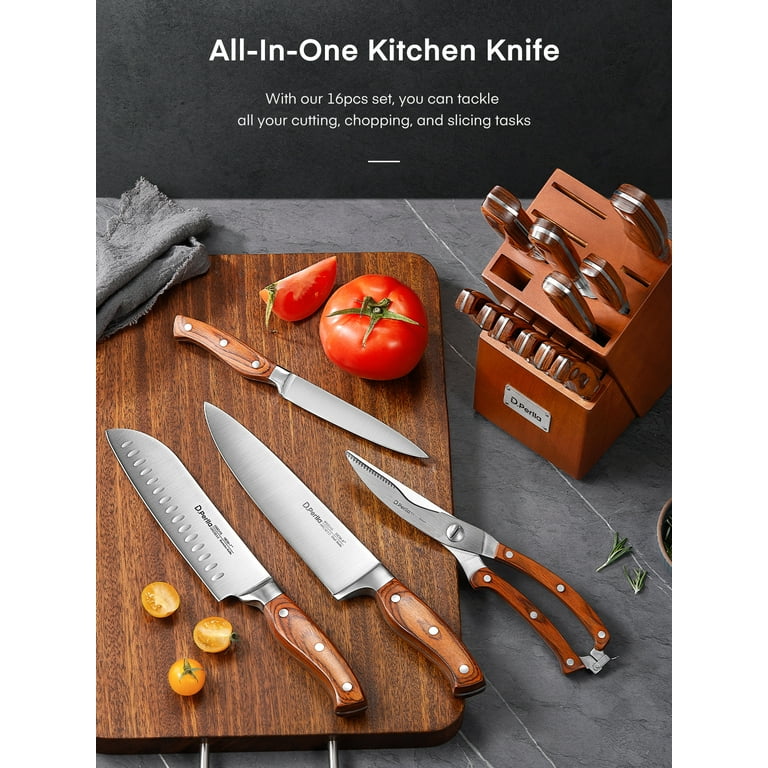 Knife Sets for Kitchen with block, Chef Knife Set 16 Pcs with Boning Knife  and Carving Fork, Knife Block Set with German Stainless Steel and Full-Tang  