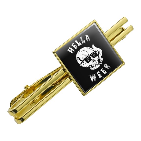 Hella Ween Halloween Hell Smoking Skull Funny Humor Square Tie Bar Clip Clasp Tack- Silver or Gold