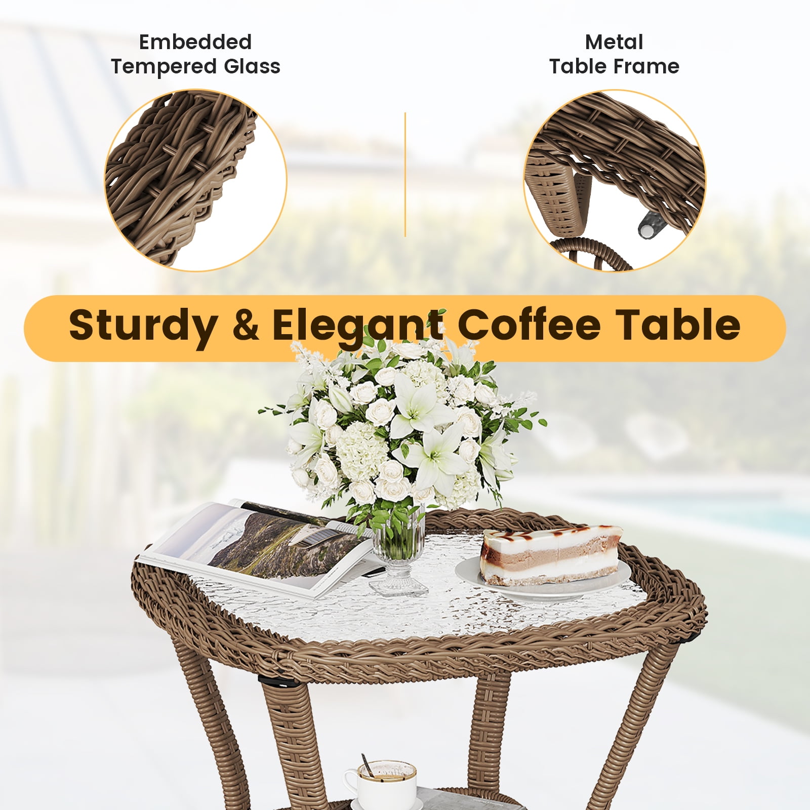 ELPOSUN 3 Pieces Patio Furniture Set, Outdoor Swivel Gliders Rocker, Wicker Patio Bistro Set with Rattan Rocking Chair, Glass Top Side Table and Thickened Cushions（Orange）