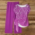 thumbnail image 5 of Guieoi Summer Two-Piece Outfit Loose-Fit Print Trousers with Tie-Waist Short-Sleeve Round-Neck Top Casual Matching Set Purple S, 5 of 5